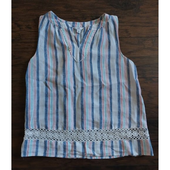 Crown & Ivy 100% Linen Striped Sleeveless Lace Trim V Neck Shirt Women's Medium - Picture 6 of 11